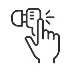 Fototapeta premium Hand with earphone pixel perfect linear icon. Finger tapping key on audio device. Wireless gadget for music listening. Thin line illustration. Contour symbol. Vector outline drawing. Editable stroke