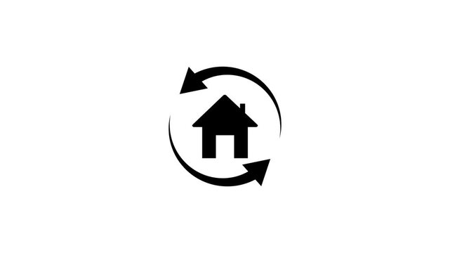 House with rotating circular arrows animation representing real estate market cycles property flipping home. symbolizing real estate property management home renovation. 4k animation video.home icon