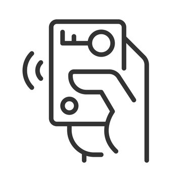 Hand with car remote starter pixel perfect linear icon. Wireless automobile key. Digital card. Innovative technology. Thin line illustration. Contour symbol. Vector outline drawing. Editable stroke