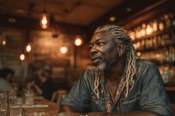 Fototapeta premium beautiful man is sitting at table in restaurant. he's talking or giving interview. he's well dressed. pleasant lively atmosphere around. photo conveys business conversation or meeting of friends