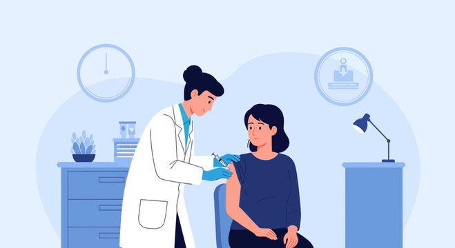 Doctor administering vaccine injection to a patient in a clinic, healthcare concept