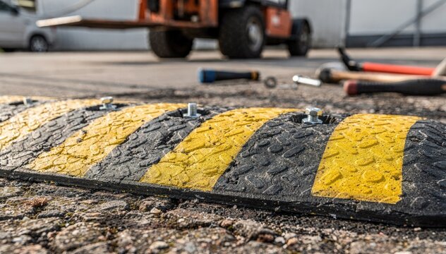 Closeup of a speed bump being installed with rubber material machine and tools slightly out of focus in the background.