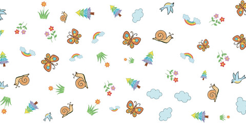 Naklejka premium Cute Cartoon Nature Elements Seamless Pattern Illustration
