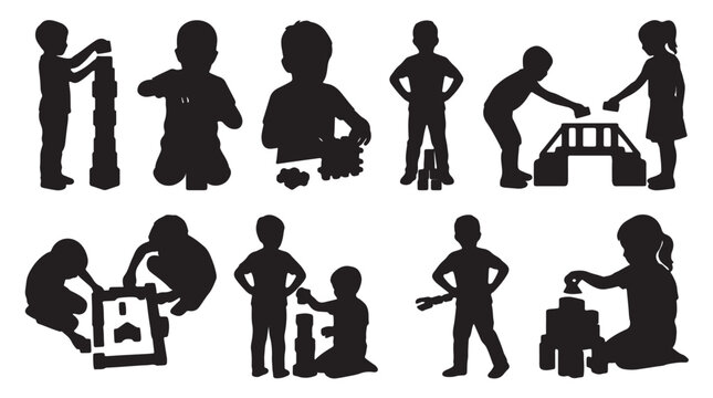 Comprehensive black silhouette set of children in diverse play poses such as building towers, solving jigsaw puzzles, constructing bridges, and playing together high quality professional detailed