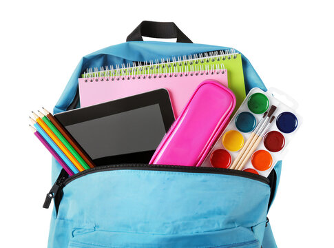 Isolated blue school backpack packed with colorful education and art supplies for children