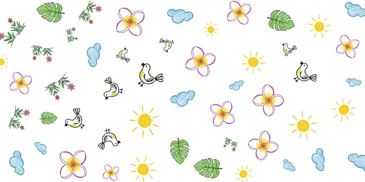 Happy Tropical Pattern with Flowers, Clouds, Sun, and Birds
