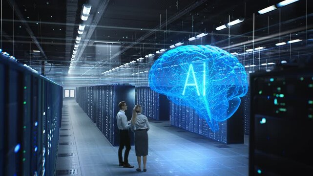Male and Female Data Center Engineers Activate a Glowing AI Brain Across Server Racks, Orchestrating Code Generation, Ci Testing, App Rollout and Vulnerability Patching, in a Low-angle Dolly Shot.