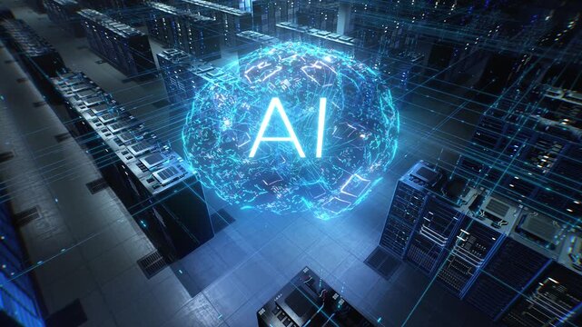 Data Center Aisles and Gpu Nodes Fuse With a Radiant AI Brain, Activating Code Review, Build Validation, App Scaling, Log Analysis and Patch Prioritization. Overhead  Shot of Networked Racks.