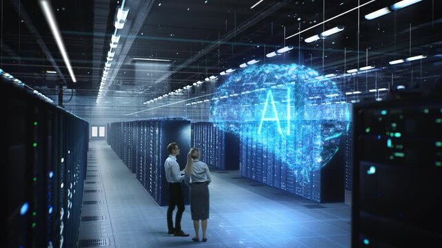 Male and Female Engineers Create, Use and Activate an AI Brain in Data Center Server Racks for Coding, Programming, Software Deployment and Smart Facility Automation. 