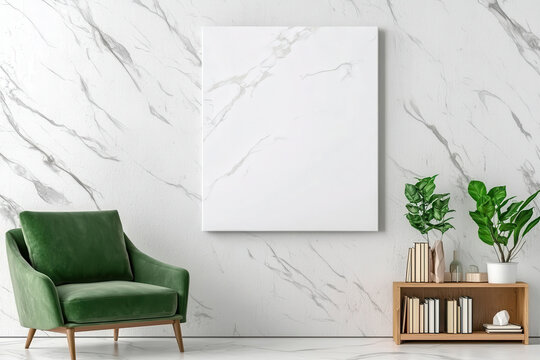 Minimalist interior featuring empty canvas on marble wall, green armchair, and wooden shelf with plants, creating cozy atmosphere