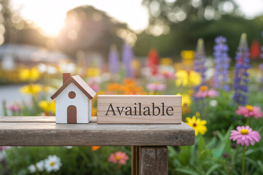Miniature house model with an available text on a wooden block in a garden for real estate property sale