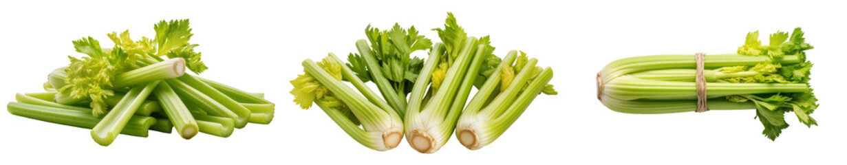 Obraz premium Three arrangements of fresh celery stalks with green leaves, isolated on a white background