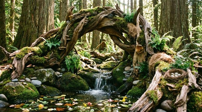 Enchanted forest stream with a moss-covered natural arch bridge formed by tree roots lush green foliage a small waterfall sunlit ancient trees in a serene woodland setting waterfall woodland