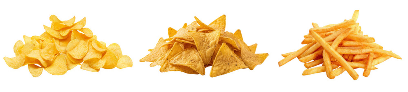 Three piles of snacks: potato chips, tortilla chips, and french fries, isolated on a white background