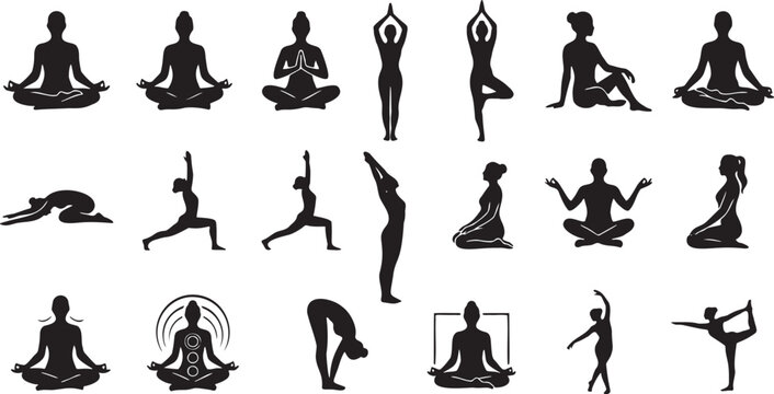 20 Yoga Meditation Silhouette Icons - Mindfulness & Wellness Vector Set.