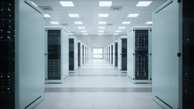 White Server Cabinets Execute Compute, Storage and Network Operations for AI Inference, Cloud Application, Analytics, Science and Research Databases. Forward Tracking Shot, Symmetrical Low-angle Wide