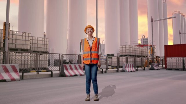 Full Body Of Asian Female Engineer With Safety Helmet Looking Around While Standing at Storage Facility with IBC Totes, Large Silos at Sunset