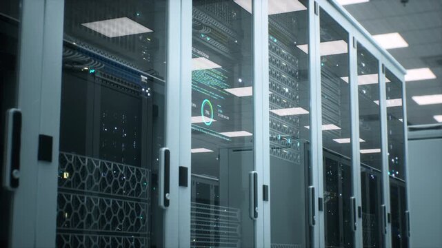 Backlit Server Racks in a Modern Data Center, Slow Tracking Close-up Reveals Blinking Leds, Cable Arrays and a Digital Monitoring Screen&mdash;secure Cloud Infrastructure Powering Big Data Innovation.