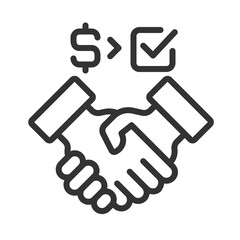 Obraz premium 2D pixel perfect thin line icon of people handshaking with dollar and checkmark sign, isolated vector illustration of partnership.