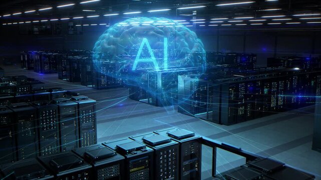 Server Clusters Sync Data Streams Beneath a Holographic AI Brain, Accelerating Coding Copilots, Model Training, App Testing, Medical Triage and Traffic Prediction. Slow Push-in, Elevated Wide Shot.