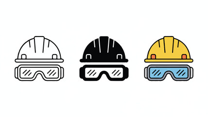 Fototapeta premium Three safety helmets with goggles icons are shown side by side