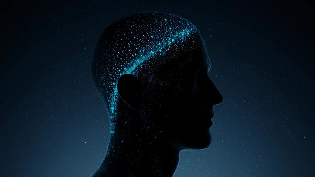 Digital human head with glowing blue particles.