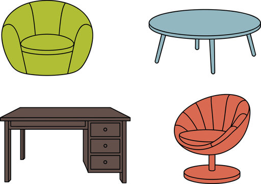 Furniture illustration showing colorful interior design pieces including armchair, coffee table, desk, and swivel chair variations
