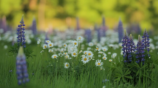 Vibrant purple lupines and white oxeye daisies growing in sunny mountain meadow.