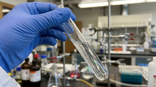 scientist working in laboratory. A close-up shot shows a hand wearing a blue nitrile glove holding a clear glass test tube filled with a clear liquid.