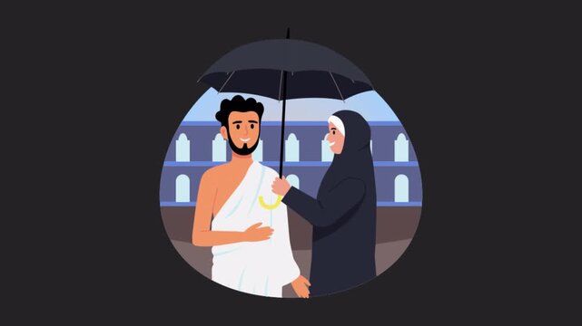 Pilgrims sharing umbrella vector concepts  Animation Alpha Channel
