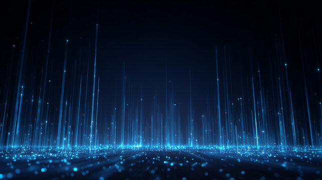 Vibrant blue digital light particles create a futuristic landscape background for tech-oriented designs.