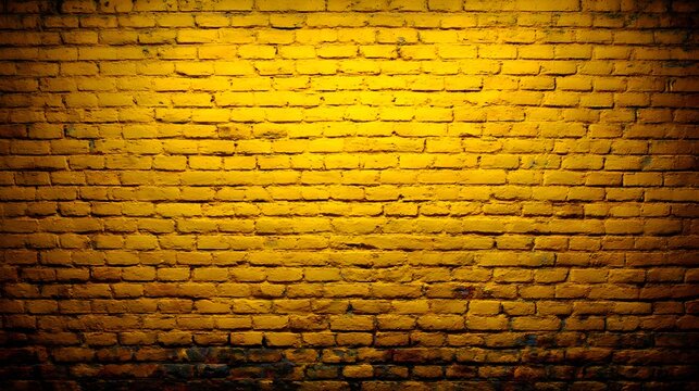 Vibrant yellow brick wall with centered bright light and vignetted dark edges for copy space.