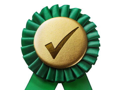 Isolated vibrant green award ribbon rosette with a shiny gold checkmark medal symbol