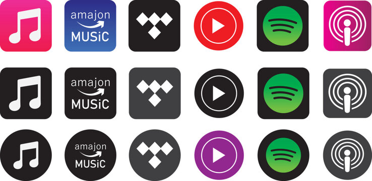 apple music app logo icon set. black white square and round player button collection. Ultimate collection of music streaming and playback signs.
