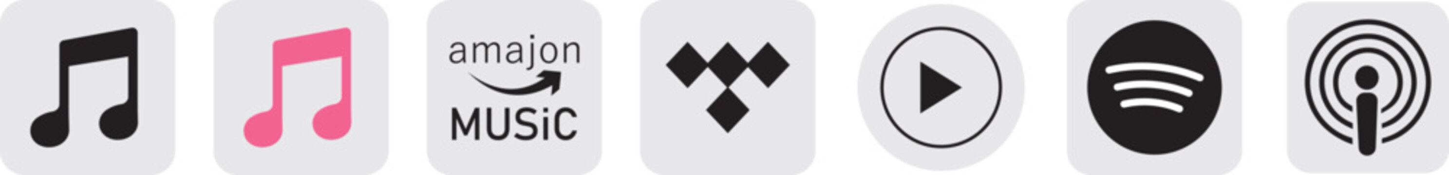 Apple Music logo icon set for 2026, featuring professional vector symbols.radio, Shazam, Amazon, Apple. Music streaming service, social media platform collection

