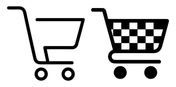 Shopping cart icons, outline and checkered supermarket trolley vector set on transparent background
