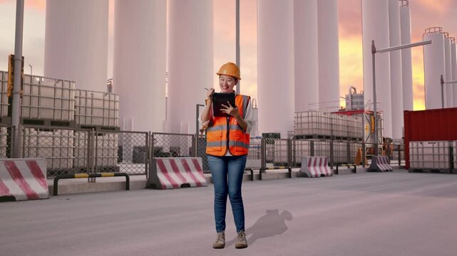 Full Body Of Asian Female Engineer With Safety Helmet Taking Note On The Tablet And Looking Around While Standing at Storage Facility with IBC Totes, Large Silos at Sunset
