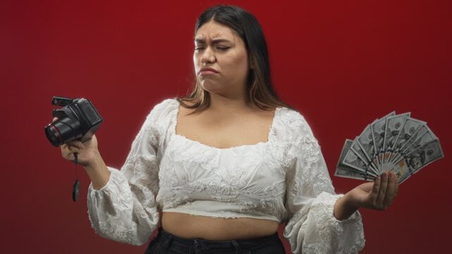 Woman holding dslr camera in one hand and fanning us banknotes with the other, bare midriff visible, scowling in a studio; frustration monetization dilemma.