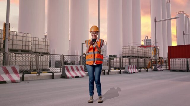 Full Body Of Asian Female Engineer With Safety Helmet Using Smartphone While Standing at Storage Facility with IBC Totes, Large Silos at Sunset