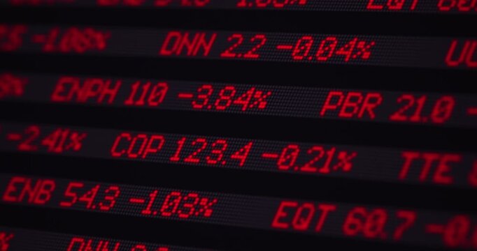 Red stocks market ticker board, falling markets of commodities, red electronic yield table, financial market scrolling LCD board close-up, footage