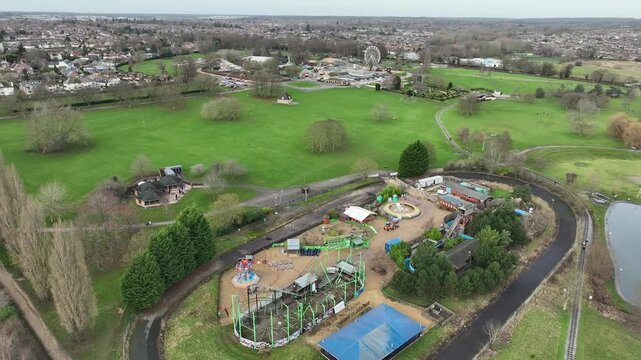 Aerial Close View of Wicksteed Park Amusement Rides and Ferris Wheel in Kettering UK