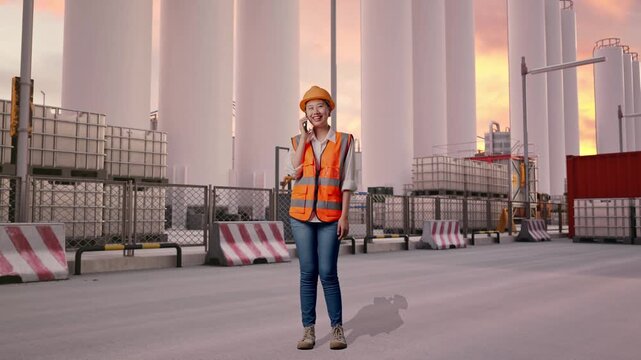 Full Body Of Asian Female Engineer With Safety Helmet Talking On Smartphone While Standing at Storage Facility with IBC Totes, Large Silos at Sunset