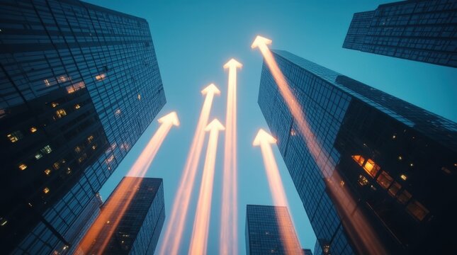 Rascacielos imponentes con flechas din&aacute;micas de luz que se elevan hacia arriba, concepto de crecimiento empresarial exponencial