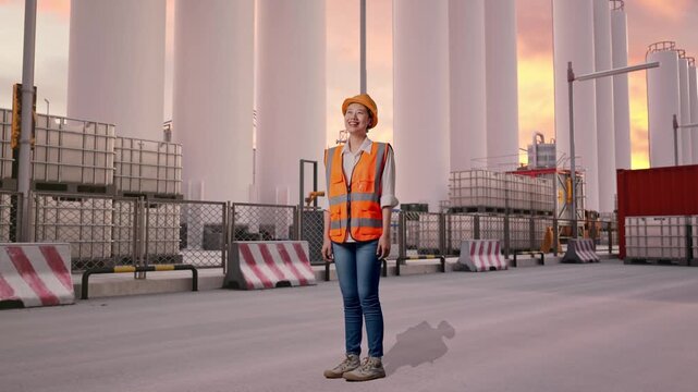 Full Body Side View Of Asian Female Engineer With Safety Helmet Looking Around While Standing at Storage Facility with IBC Totes, Large Silos at Sunset