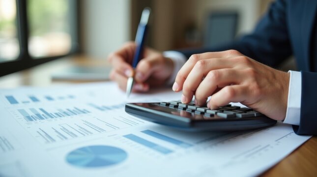 Manos de un contable profesional revisando informes financieros impresos con calculadora y bol&iacute;grafo