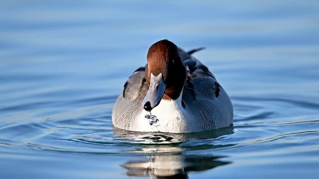 Northern Pintail Duck Swimming Toward Camera on Calm Blue Lake Water