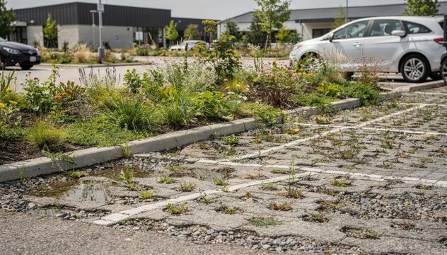 Closeup medium shot of community center parking area retrofitted with permeable paving and lush vegetated swales enhancing urban stormwater management.