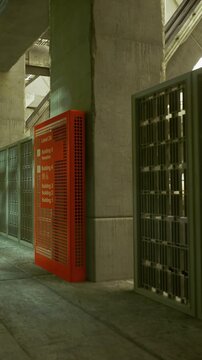 People walk near green lockers in a building. Sunlight enters through windows, creating shadows on the floor. The space is large and has a modern design, showing concrete walls.