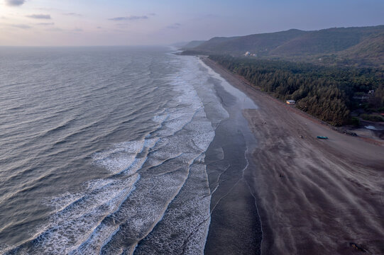 A stunning aerial drone view of Dapoli Beach along the Konkan coastline in Ratnagiri district, Maharashtra, India.