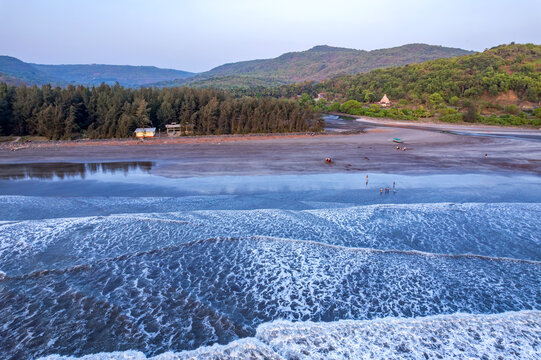 A stunning aerial drone view of Dapoli Beach along the Konkan coastline in Ratnagiri district, Maharashtra, India.
